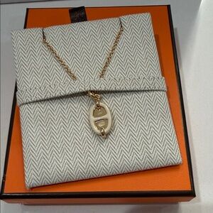 Hermes PM Mini Maillon Laiton Pendant Necklace Crème and Gold